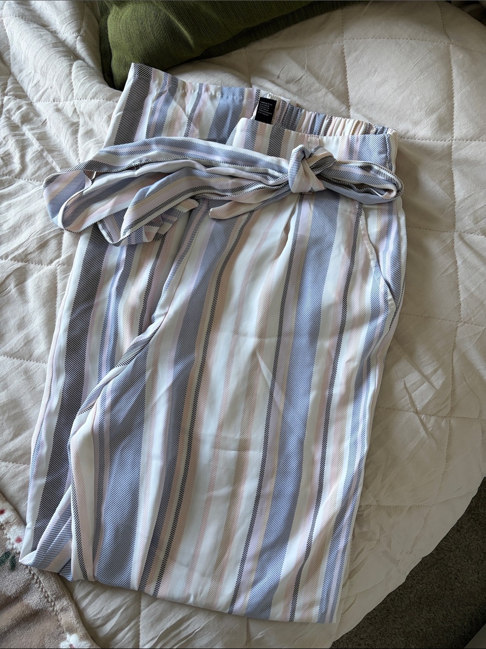 WoMen's Striped Tie-Waist Pants - Light Blue/White